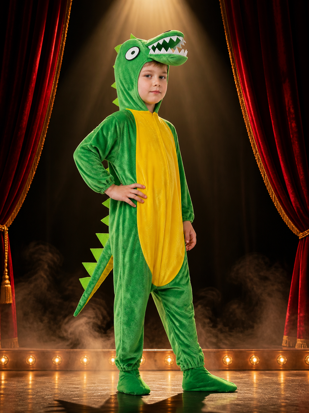 Kids Green Dinosaur Costume Bodysuit with Head Hood, Spikes and Tail for Costumes detail 3