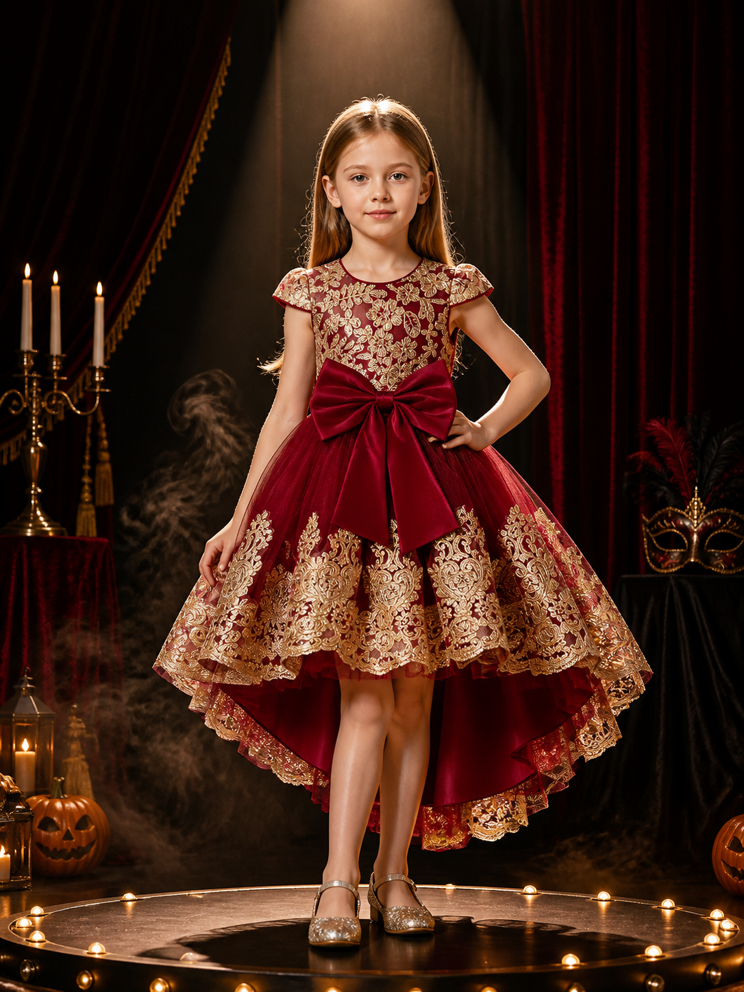 Girls' Maroon Princess Dress with Gold Lace Embroidery, Bow and High-Low Train Costume Dresses detail 3