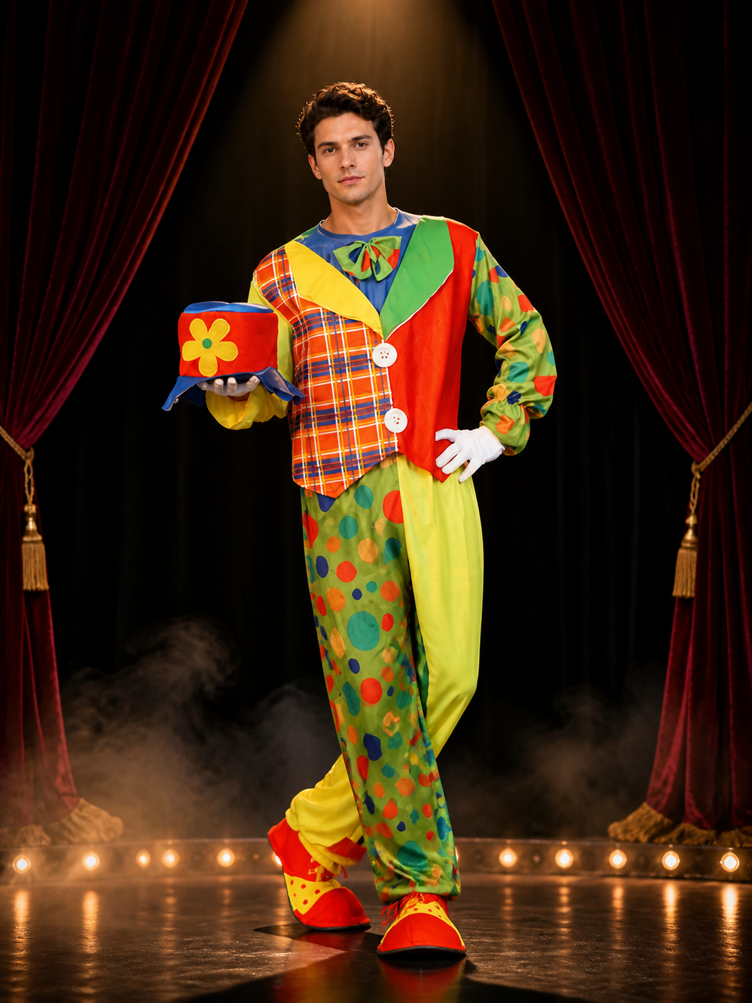 Unisex Adult Clown Costume Set, Colorful Polka Dot Jumpsuit with Vest, Bow Tie Costume Accessories detail 3