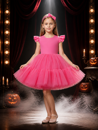 Girls' Princess Dress Set With Lace Bow Headpiece and Layered Tulle Skirt Costume Dresses detail 3