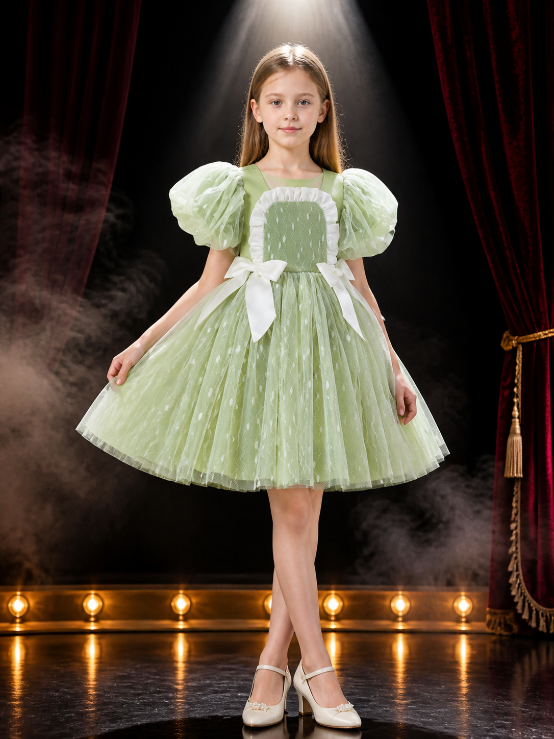 Girls' Light Green Organza Princess Dress, Puff Sleeve Layered Tulle Gown Costume Dresses detail 3