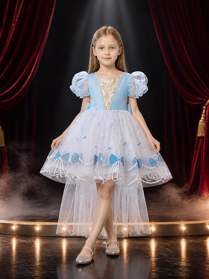 Girls' Sky Blue Princess Dress With Gold Pattern, Puff Sleeves, Layered Organza Costume Dresses detail 3