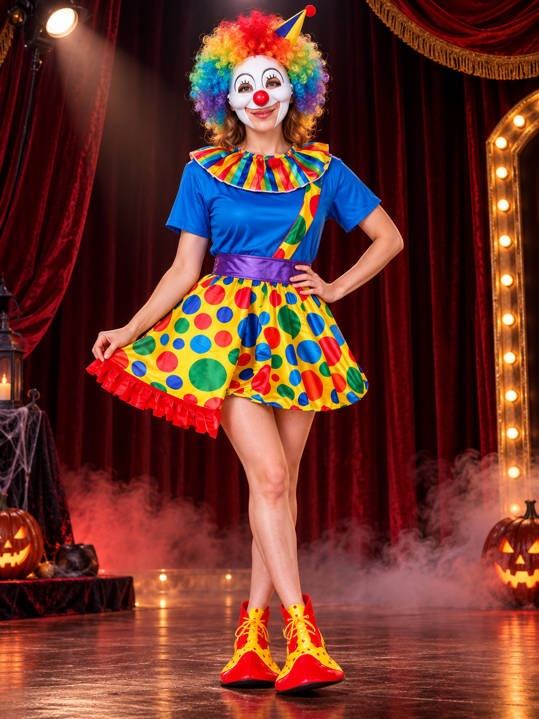 Clown Costume 7 Pieces Blue with Polka Dots, Jabot, and Wig