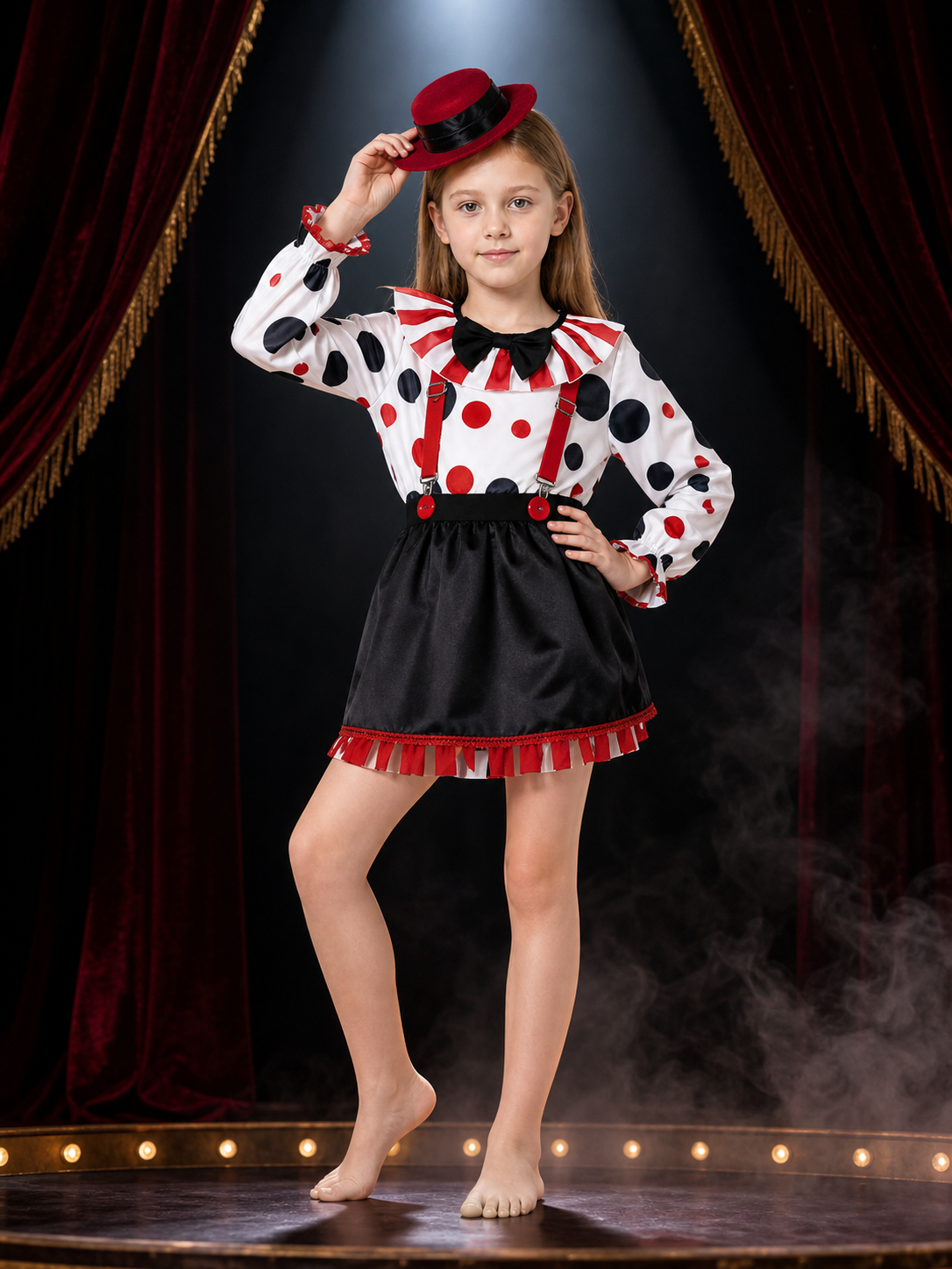 Women's Clown Costume Set with Striped Top and Polkadot Skirt, Jester Hat for Costume Headwear detail 3