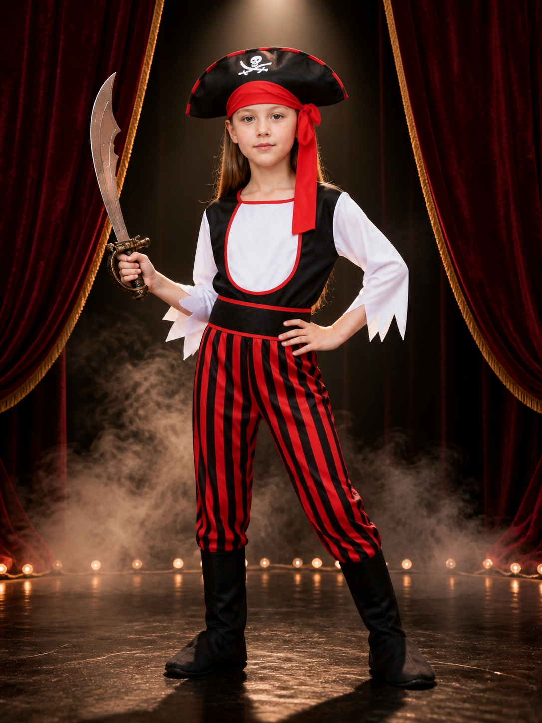 Kids Pirate Halloween Costume Set, Black White Red Striped Outfit with Skull Hat Costume Headwear detail 3
