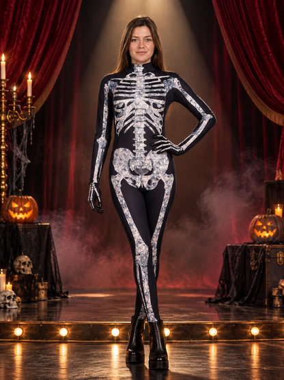 Black and White Skeleton Costume with Print and Stand Collar