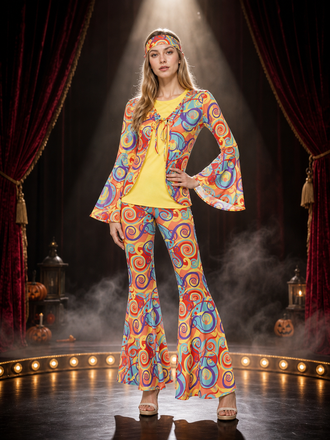 70s Hippie Disco Jumpsuit with Colorful Print for Parties