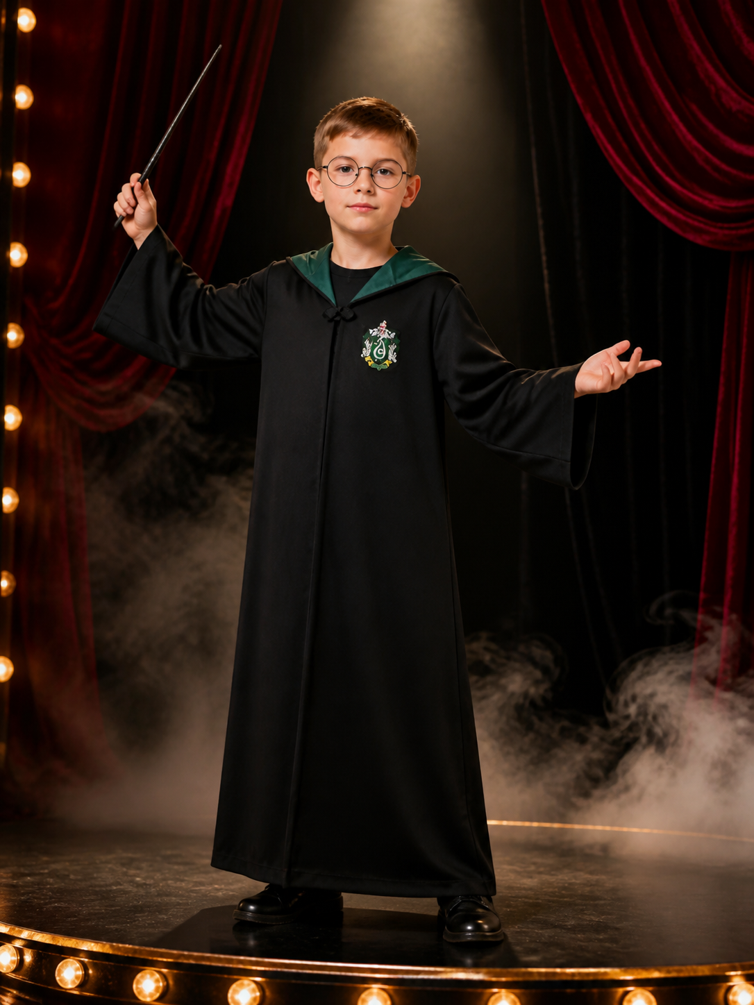 Wizard Robe Costume, Green And Black Hooded Long Cloak With House-Style Badge Costume Capes detail 3