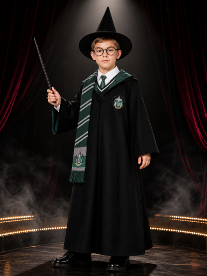Green Wizard Costume Set with Hooded Robe, Striped Scarf, Hat, Wand and Glasses Costume Headwear detail 3