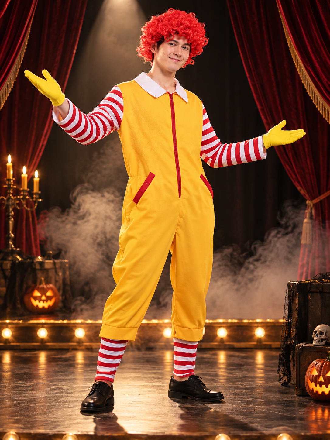 Clown Costume with Red Wig and Gloves
