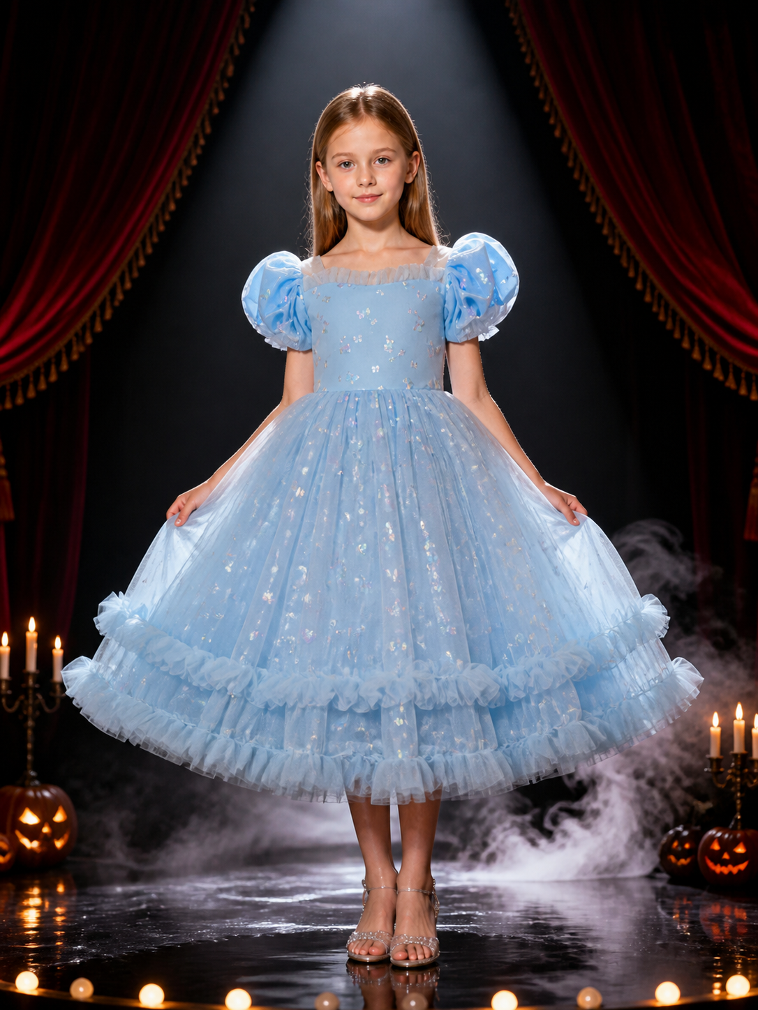 Toddler Girls' Sky Blue Princess Dress with Puff Sleeves, Layered Tulle Ruffles Costume Dresses detail 3