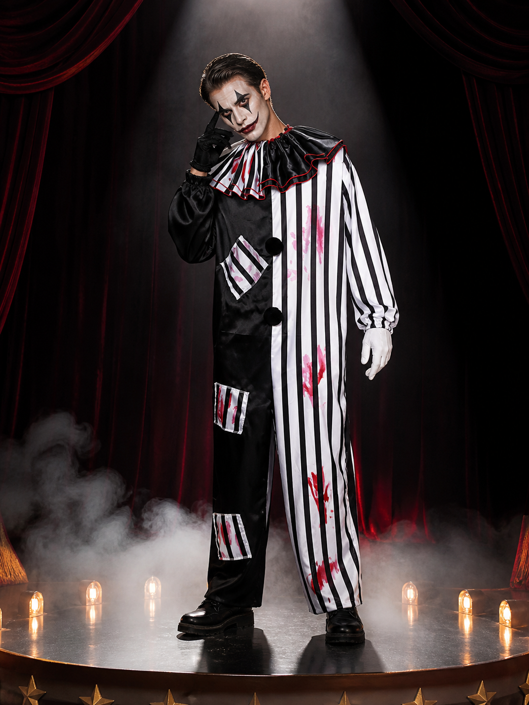 Unisex Clown Costume Bodysuit, Splatter Print Patchwork Jumpsuit for Halloween on-model stage scene view