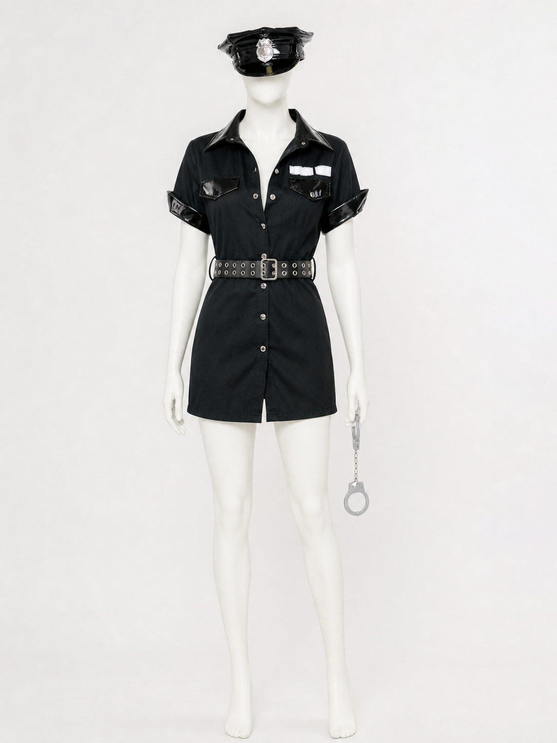 Women's Sexy Police Officer Costume Set, Black Short Sleeve Bodysuit with Hat Costume Headwear detail 3