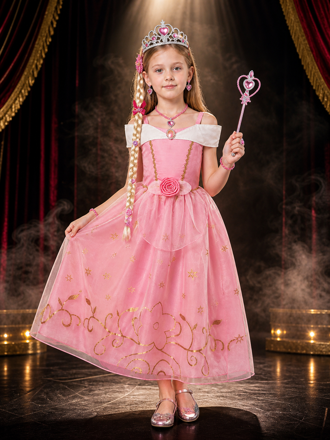 Girls Princess Costume Set with Sequined Tulle Dress, Crown, and Magic Wand for Costume Dresses detail 3