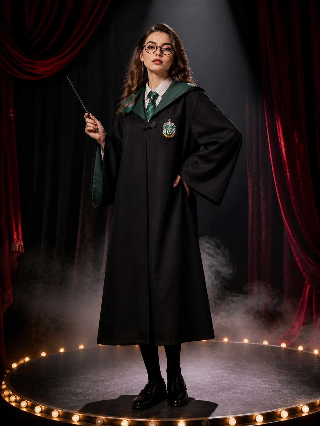 Slytherin Wizard Costume Set, Hooded Cloak with Scarf, Tie, Hat, Glasses & Wand Costume Capes detail 3