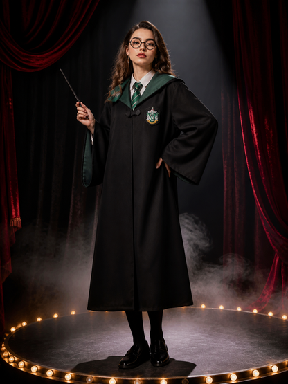 Slytherin Wizard Costume Set, Hooded Cloak with Scarf, Tie, Hat, Glasses & Wand Costume Capes detail 3
