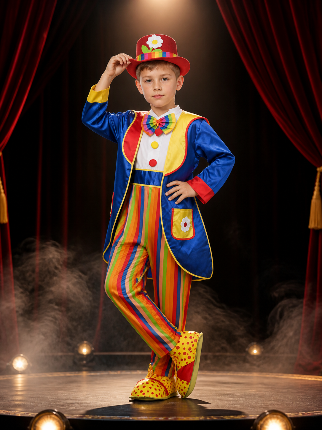 Kids' Colorful Clown Circus Costume Set with Bodysuit, Jacket, Hat and Bow Tie Costume Headwear detail 3