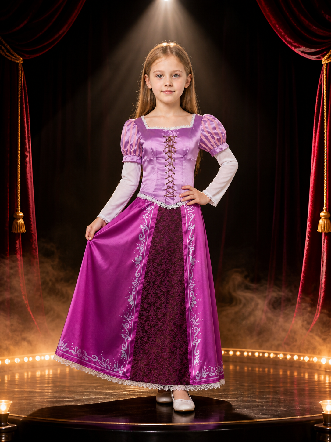 Purple Rapunzel Princess Costume Dress with Lace Trim and Corset Lacing on-model stage scene view