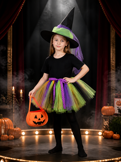 Girls' Witch Costume Set with Pointed Hat, Tutu Skirt, Pumpkin Bag and Tights Costume Headwear detail 3