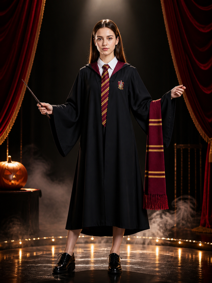 Black Wizard Robe Costume Set with Multicolor Striped Fringed Scarf and Chest Costumes detail 3