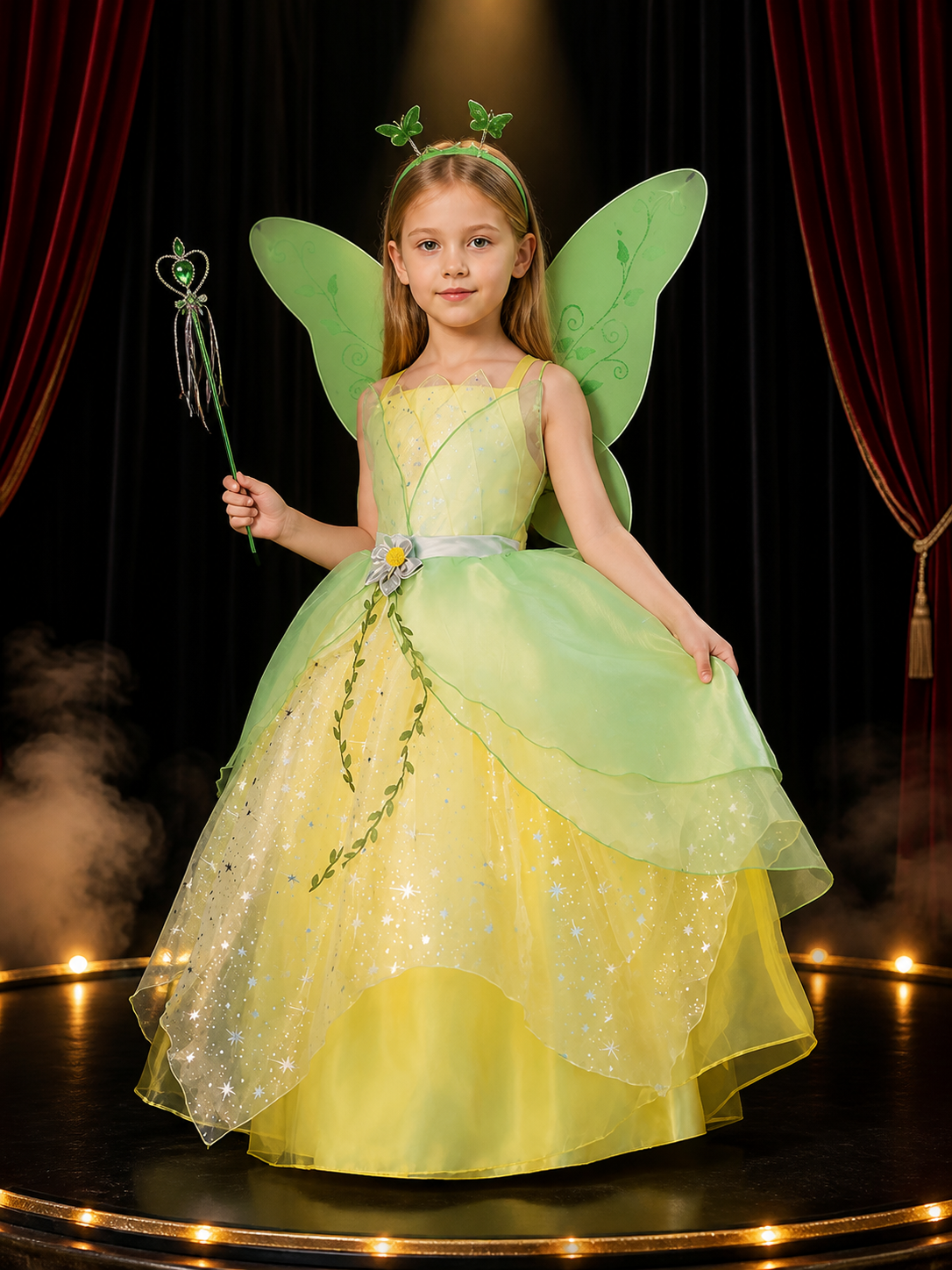 Girls Sparkle Princess Costume Dress with Green Vine Trim, Translucent Layered Costume Dresses detail 3