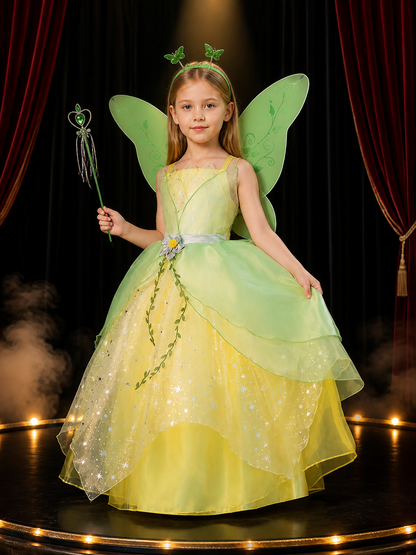 Girls Sparkle Princess Costume Dress with Green Vine Trim, Translucent Layered Costume Dresses detail 3