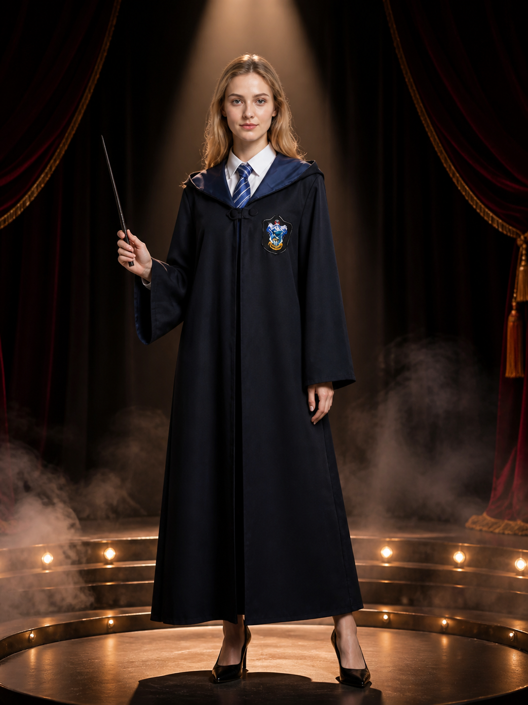 Kids Blue and White Academy Hooded Wizard Robe Costume Set with Tie Costumes detail 3
