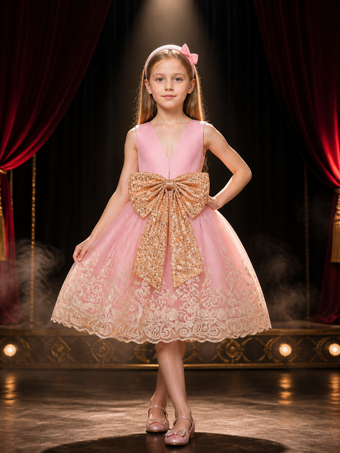 Girls' Princess Dress Set, Pink Tulle Skirt With Lace Embroidery, Gold Sequin Costume Dresses detail 3