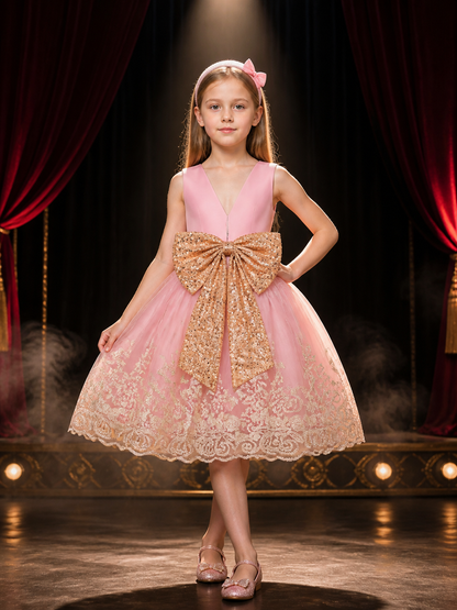 Girls' Princess Dress Set, Pink Tulle Skirt With Lace Embroidery, Gold Sequin Costume Dresses detail 3