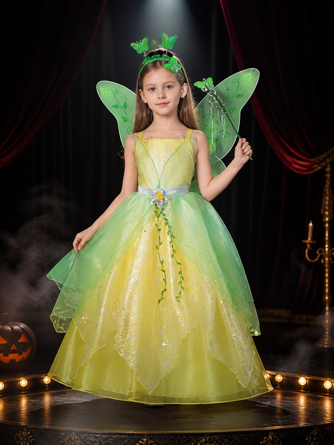 Girls' Fairy Princess Dress, Leaf Print Glitter Tulle Costume, Long Flowing Costume Dresses detail 3