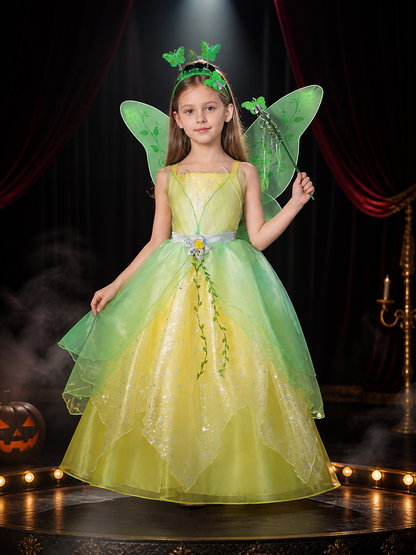 Girls' Fairy Princess Dress, Leaf Print Glitter Tulle Costume, Long Flowing Costume Dresses detail 3
