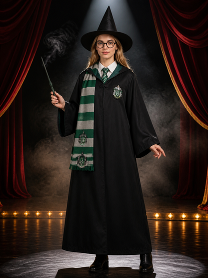 Black and Green Wizard Costume Set with Robe, Hat, Glasses, Wand, Scarf, Shirt Costume Headwear detail 3