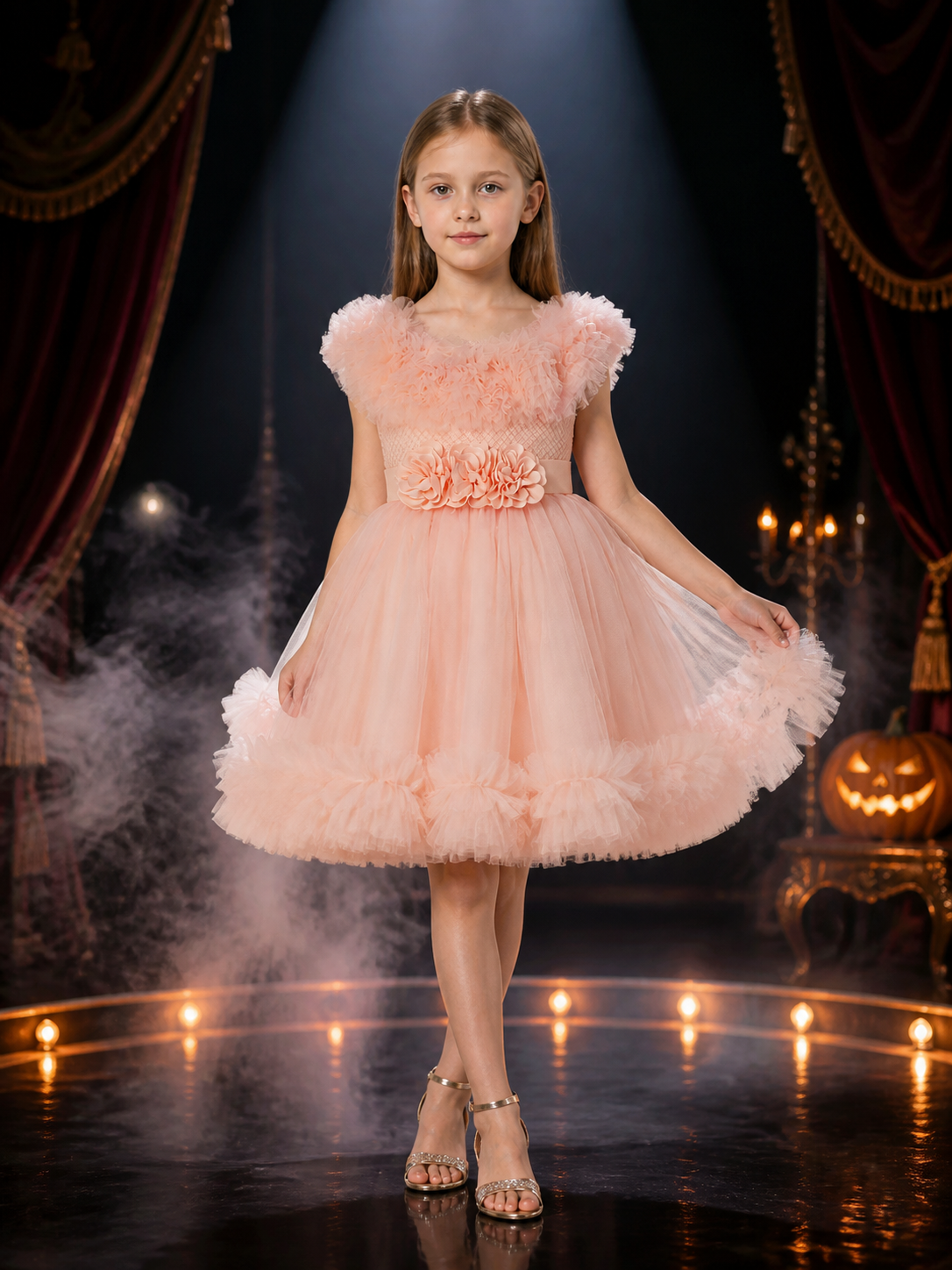 Girls' Pink Princess Dress, Sleeveless Layered Tulle Flower Girl Outfit With Costume Dresses detail 3