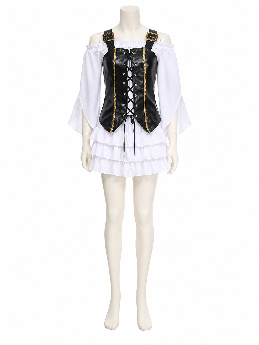 Girl's Pirate Costume Set with Corset Top, Ruffle Skirt & Hat, Black & White Costume Headwear detail 3
