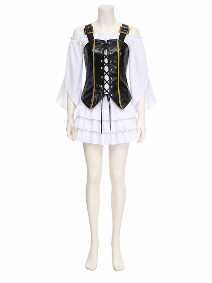 Girl's Pirate Costume Set with Corset Top, Ruffle Skirt & Hat, Black & White Costume Headwear detail 3