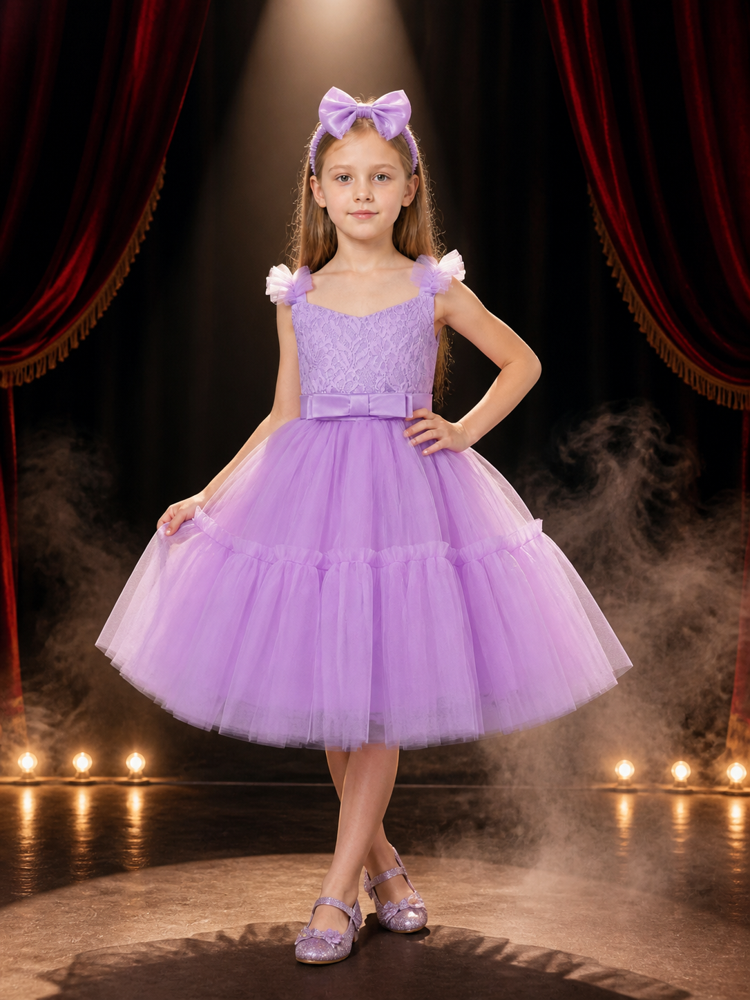 Girls' Purple Princess Dress Set, Sleeveless Lace Bodice, Satin Bow, Layered Costume Dresses detail 3