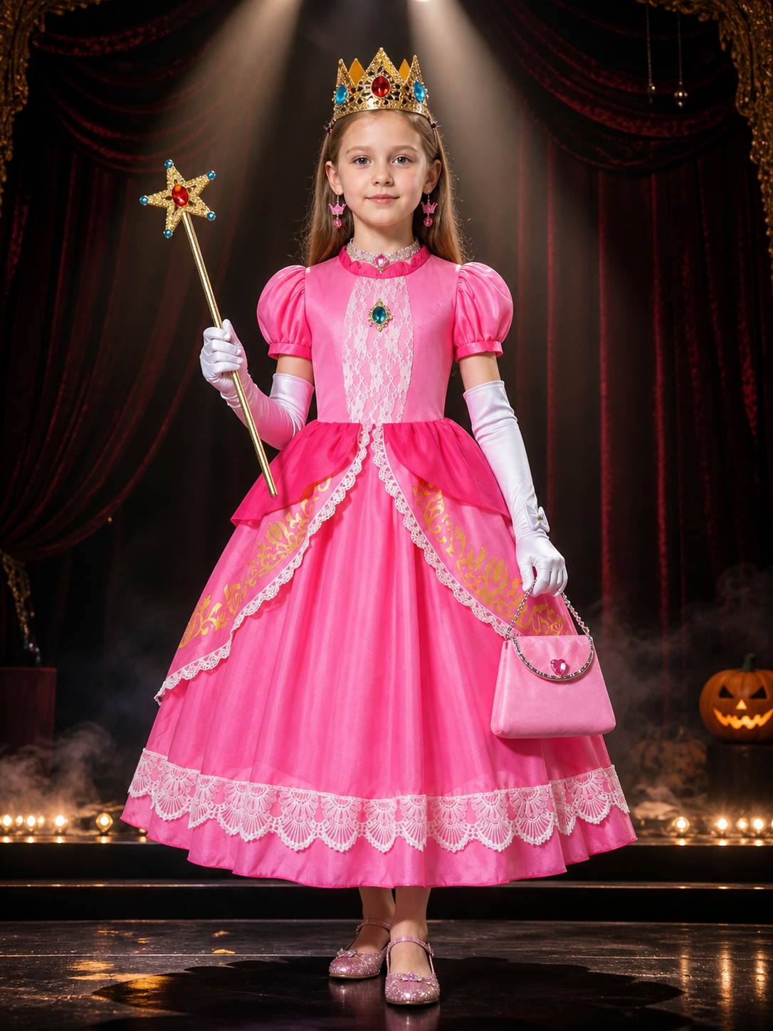Girls' Princess Halloween Costume Dress Set with Crown, Wand and Handbag