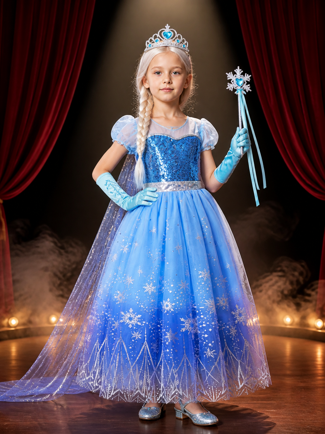 Kids Snow Queen Sequined Puffy Princess Dress Costume Set with Crown, Wand