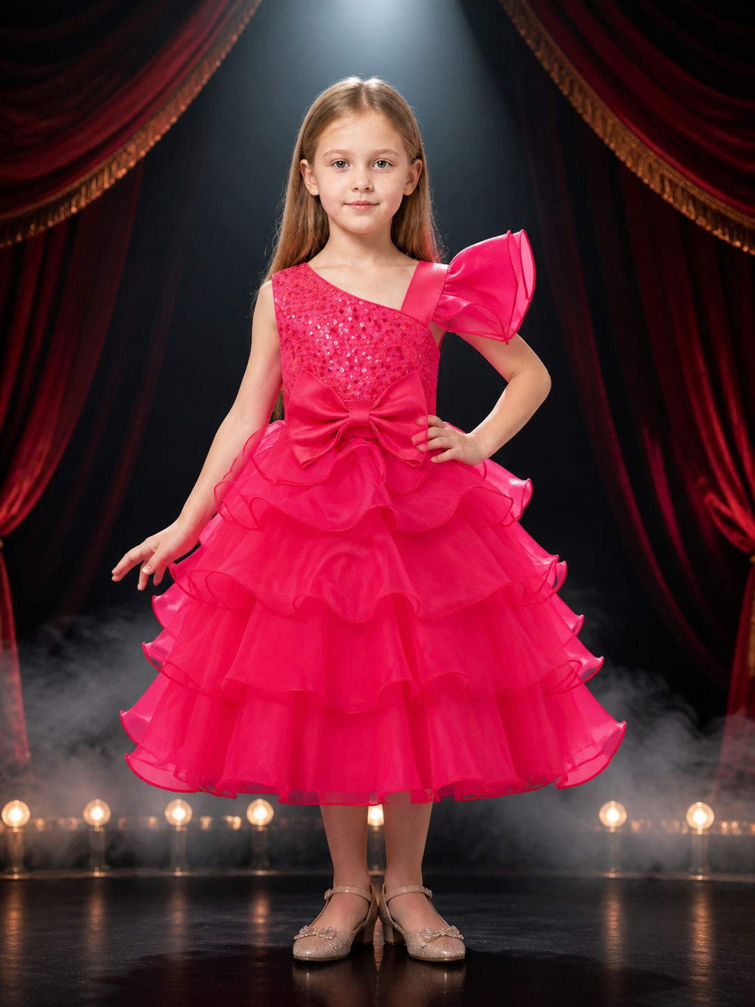 Girls' Pink Princess Party Dress with Sequined Bodice and Layered Ruffle Skirt Costume Dresses detail 3