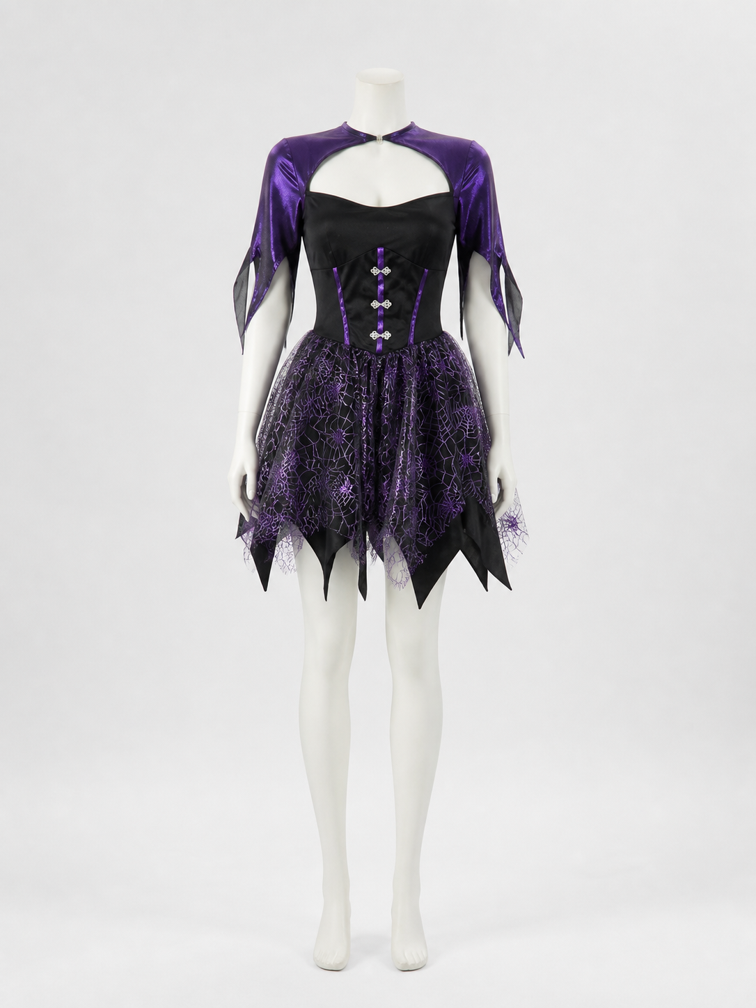 Gothic Witch Costume Dress, Black And Purple Spiderweb Asymmetrical Skirt Costume Dresses detail 3