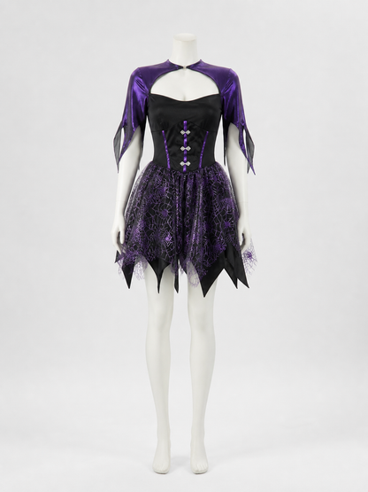 Gothic Witch Costume Dress, Black And Purple Spiderweb Asymmetrical Skirt Costume Dresses detail 3