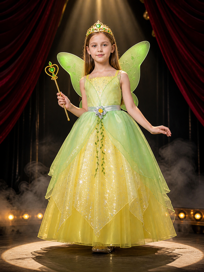 Girl's Fairy Costume Dress with Wings, Crown, and Magic Wand - Green Leaf Star Costume Dresses detail 3