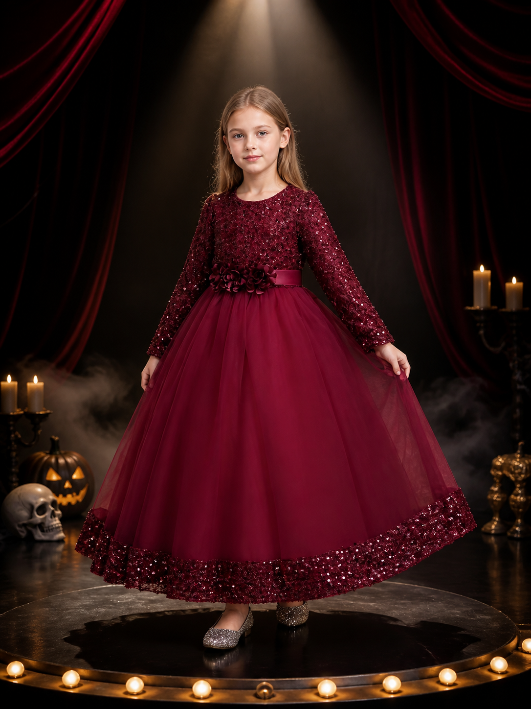 Girls' Maroon Sequined Princess Dress, Long Sleeve Floral Gown Halloween Costume Costume Dresses detail 3