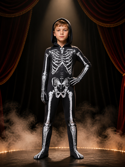 Kids Skeleton Hooded Bodysuit Costume, Black and White Bone Print Halloween Costumes detail 3