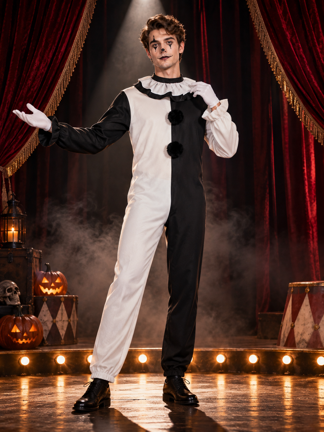 Clown Costume Black and White Jumpsuit with Ruffles and Gloves