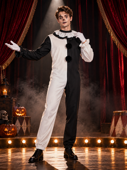 Clown Costume Black and White Jumpsuit with Ruffles and Gloves