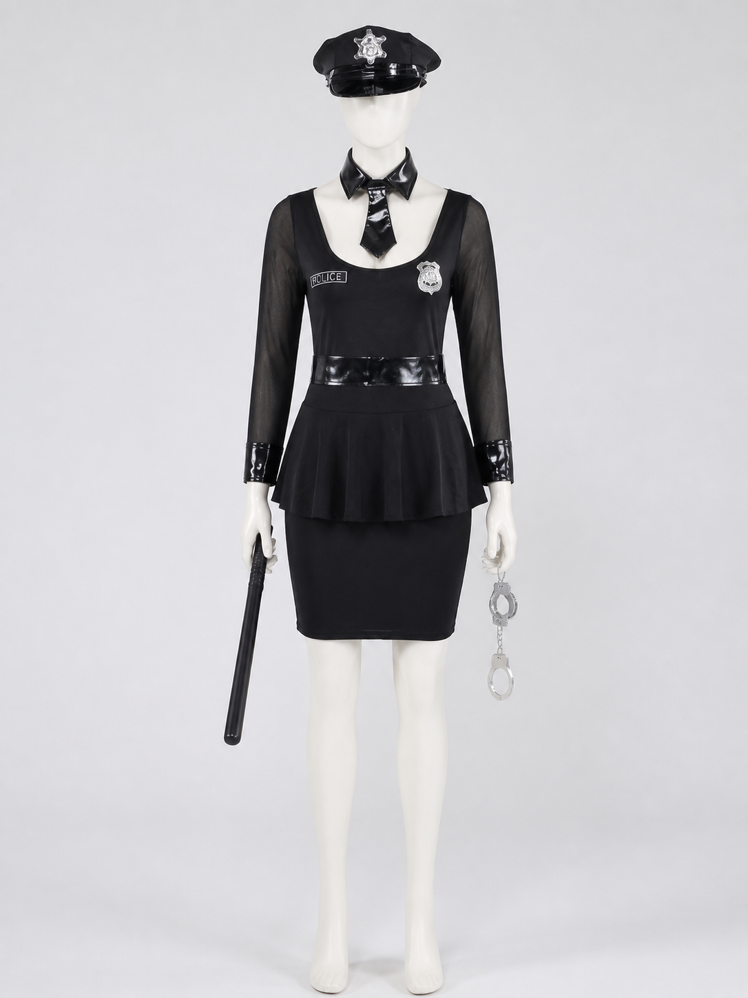 Women's Black Police Officer Costume Dress with Belt Hat Handcuffs Baton, Sexy Costume Dresses detail 3