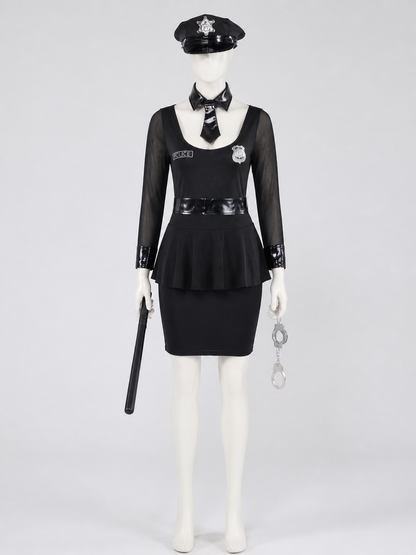 Women's Black Police Officer Costume Dress with Belt Hat Handcuffs Baton, Sexy Costume Dresses detail 3