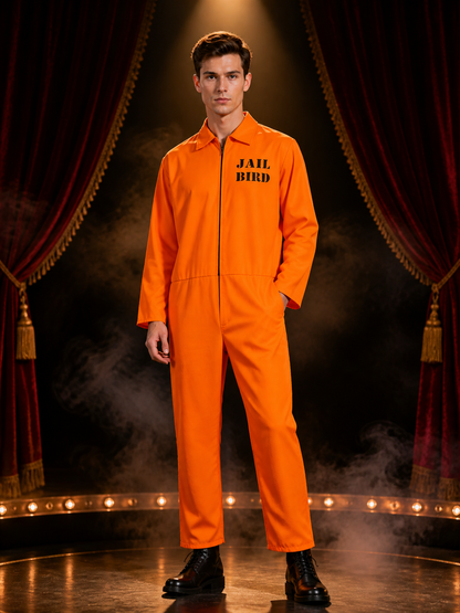 Orange Prisoner Jumpsuit Costume, Zip-Front Long-Sleeve Jailbird Cosplay Outfit