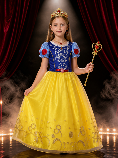 Girls Snow White Princess Costume Set - Tutu Dress With Puff Sleeves, Crown Costume Dresses detail 3